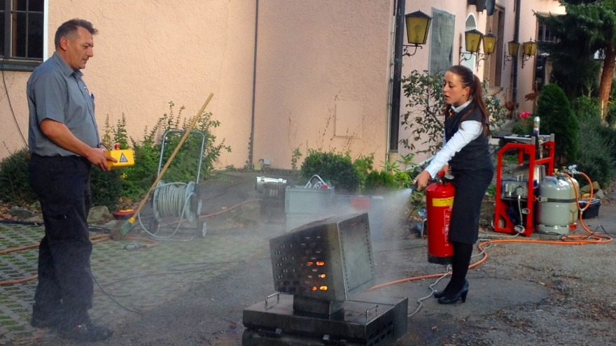Extinguish until its really gone.  Fire extinguishers.